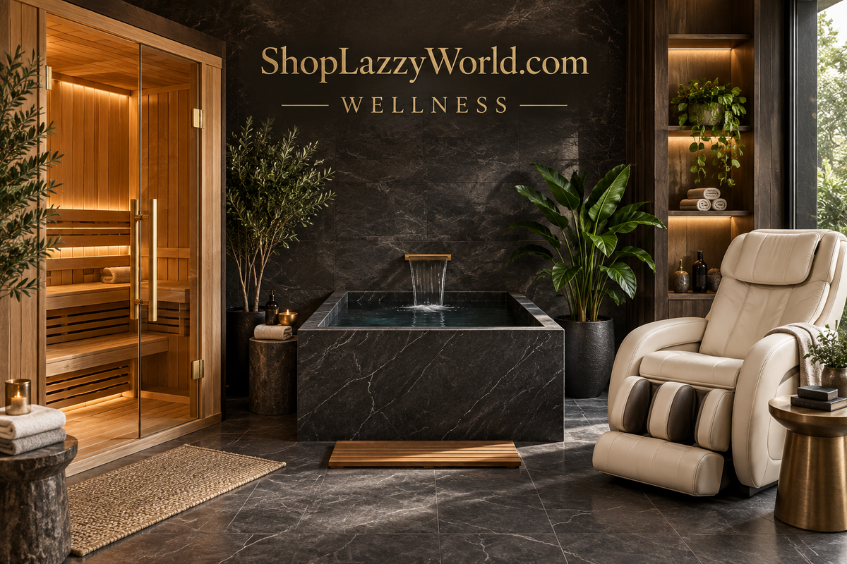ShopLazzyWorld.com Wellness spa with sauna, plunge pool and massage chair