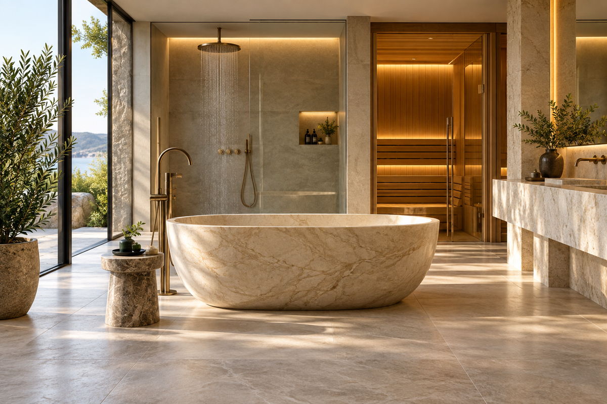 Bath and Wellness: marble bath, shower and sauna