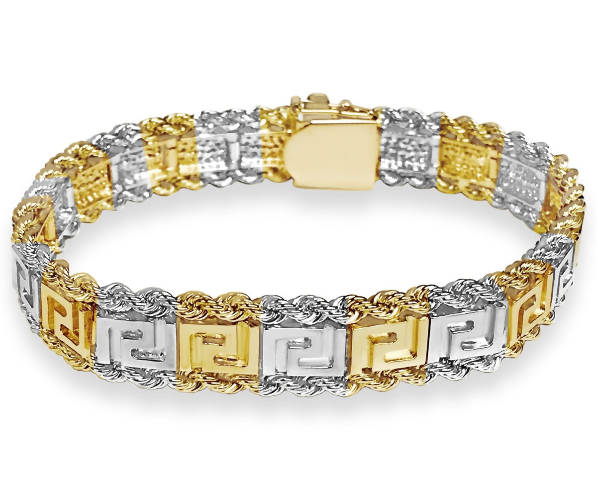 Rope & Greek Key Solid White/Yellow/Rose Gold Handmade Bracelet , 12mm, 6.5-10 Inch