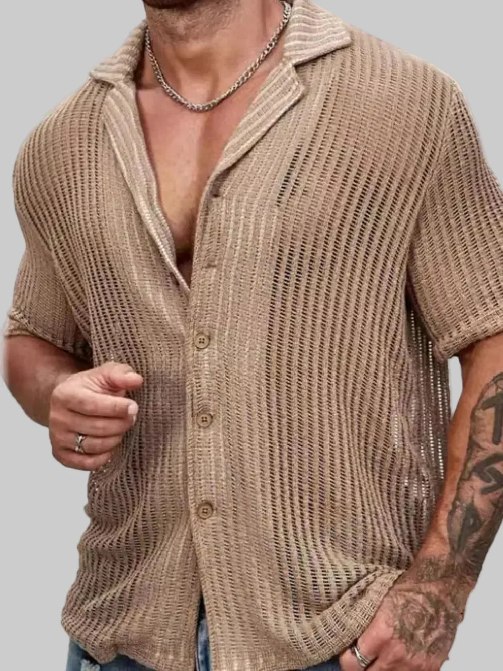 Men's Full Size Openwork Button-Down Short Sleeve Shirt