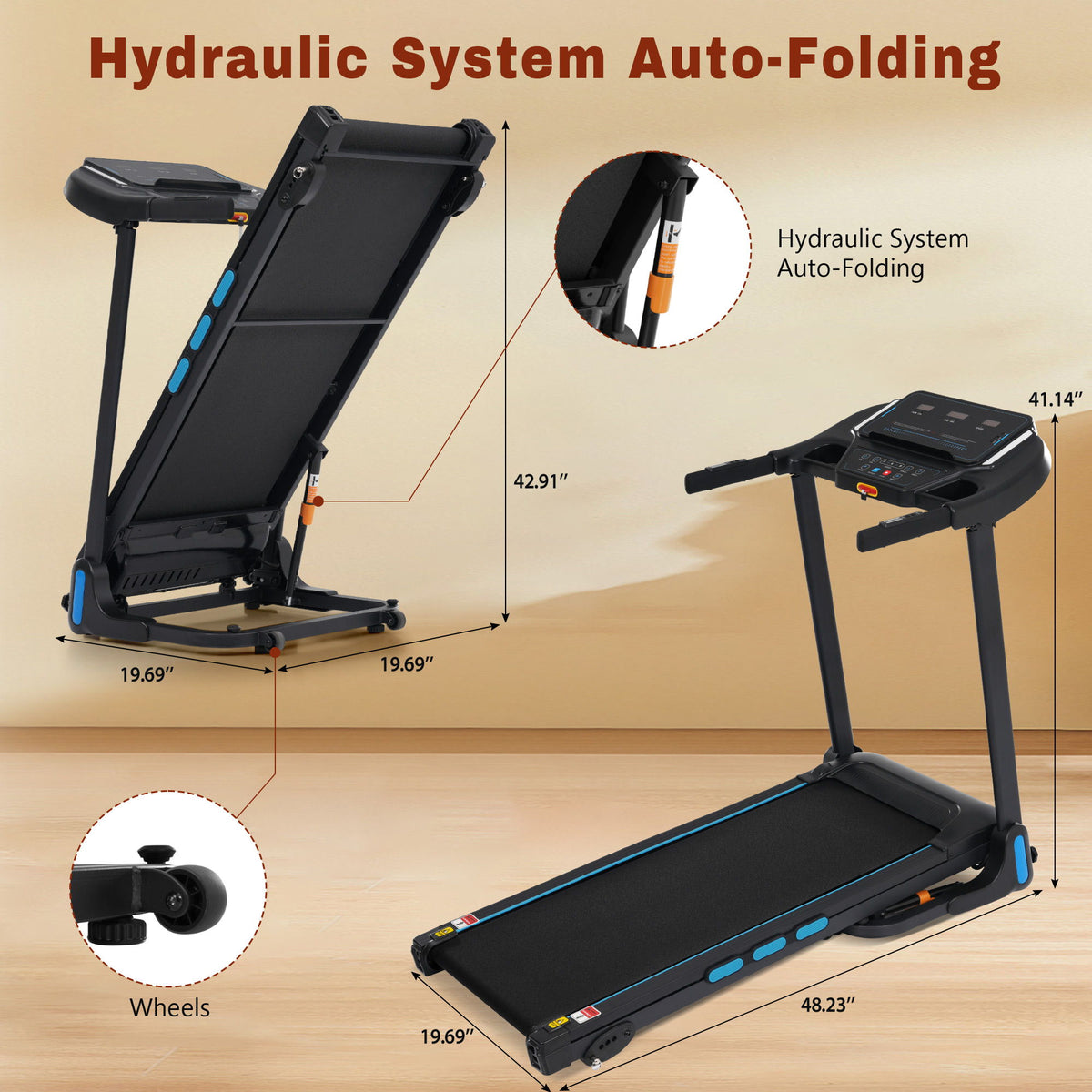 3.5Hp Hydraulic System Auto Foldable Treadmill with Incline - Black