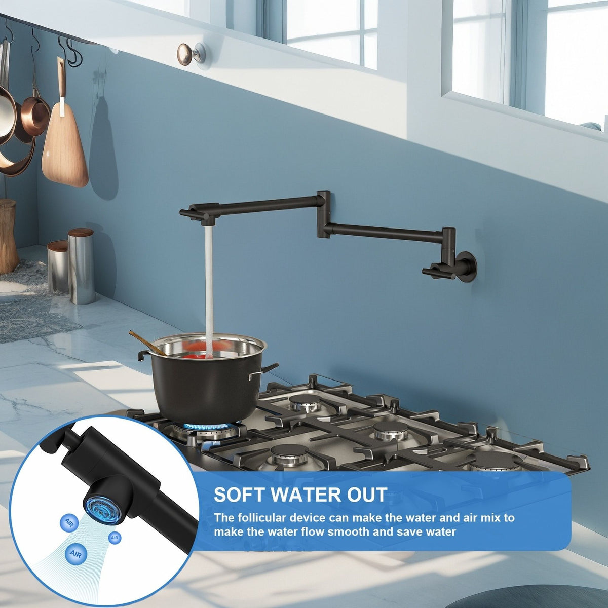 Modern Wall Mount Pot Filler Faucet with Folding Stretchable Spout - Gold or Black
