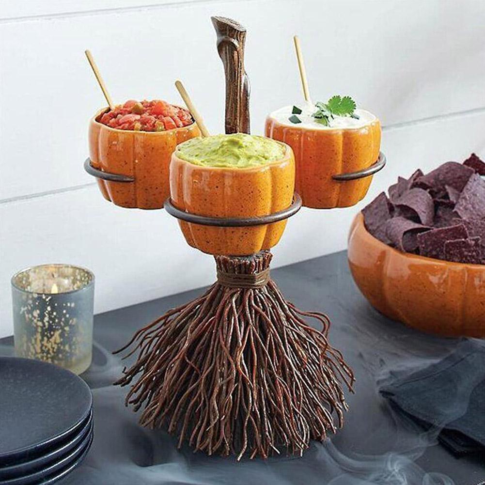 Halloween Broom Pumpkin Snack Bowl Rack Decor