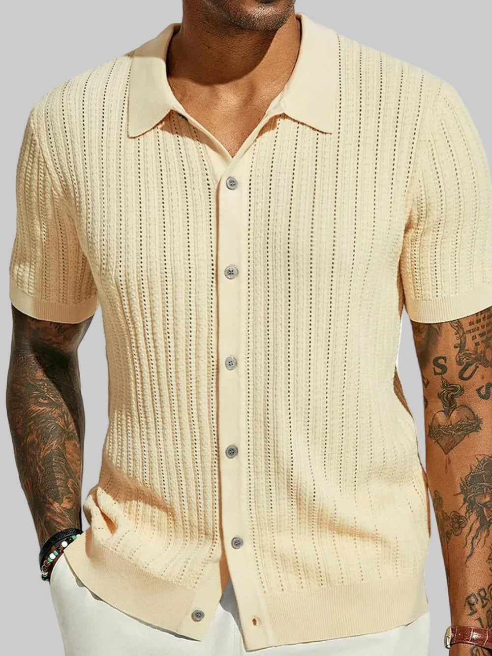 Men's Full Size Openwork Button-Down Collared Shirt