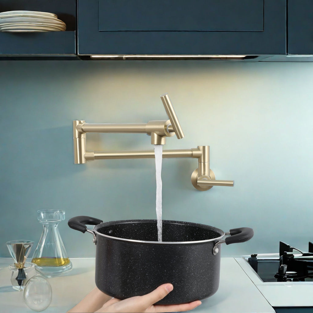 Modern Wall Mount Pot Filler Faucet with Folding Stretchable Spout - Gold or Black