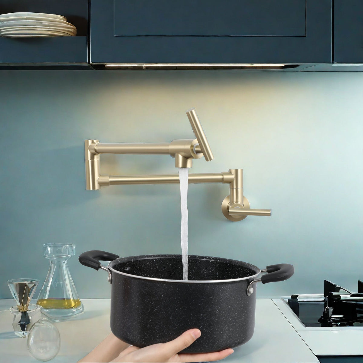 Modern Wall Mount Pot Filler Faucet with Folding Stretchable Spout - Gold or Black