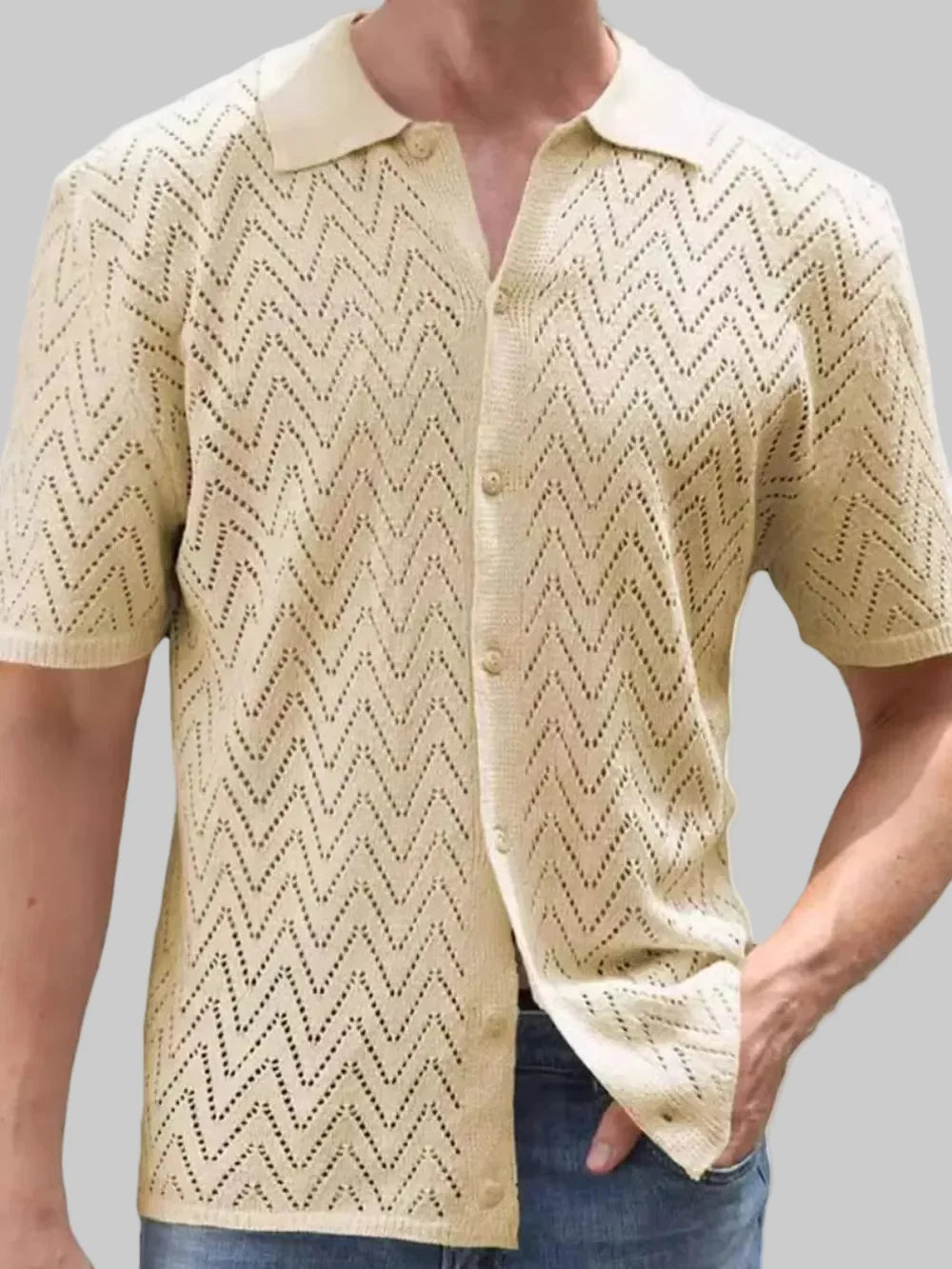 Men's Full Size Openwork Button-Down Short Sleeve Shirt