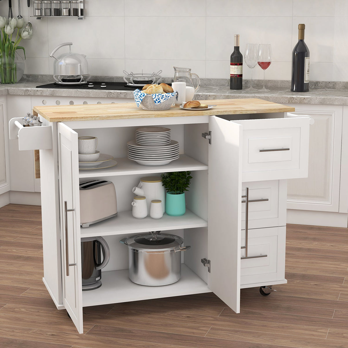 Kitchen Island with Spice Rack, Towel Rack and Extensible Solid Wood Table Top - White
