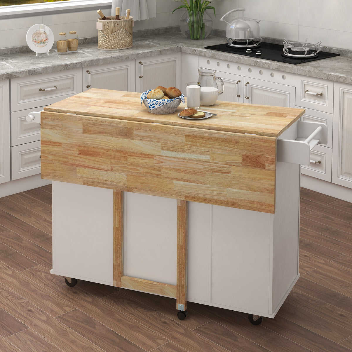 Kitchen Island with Spice Rack, Towel Rack and Extensible Solid Wood Table Top - White