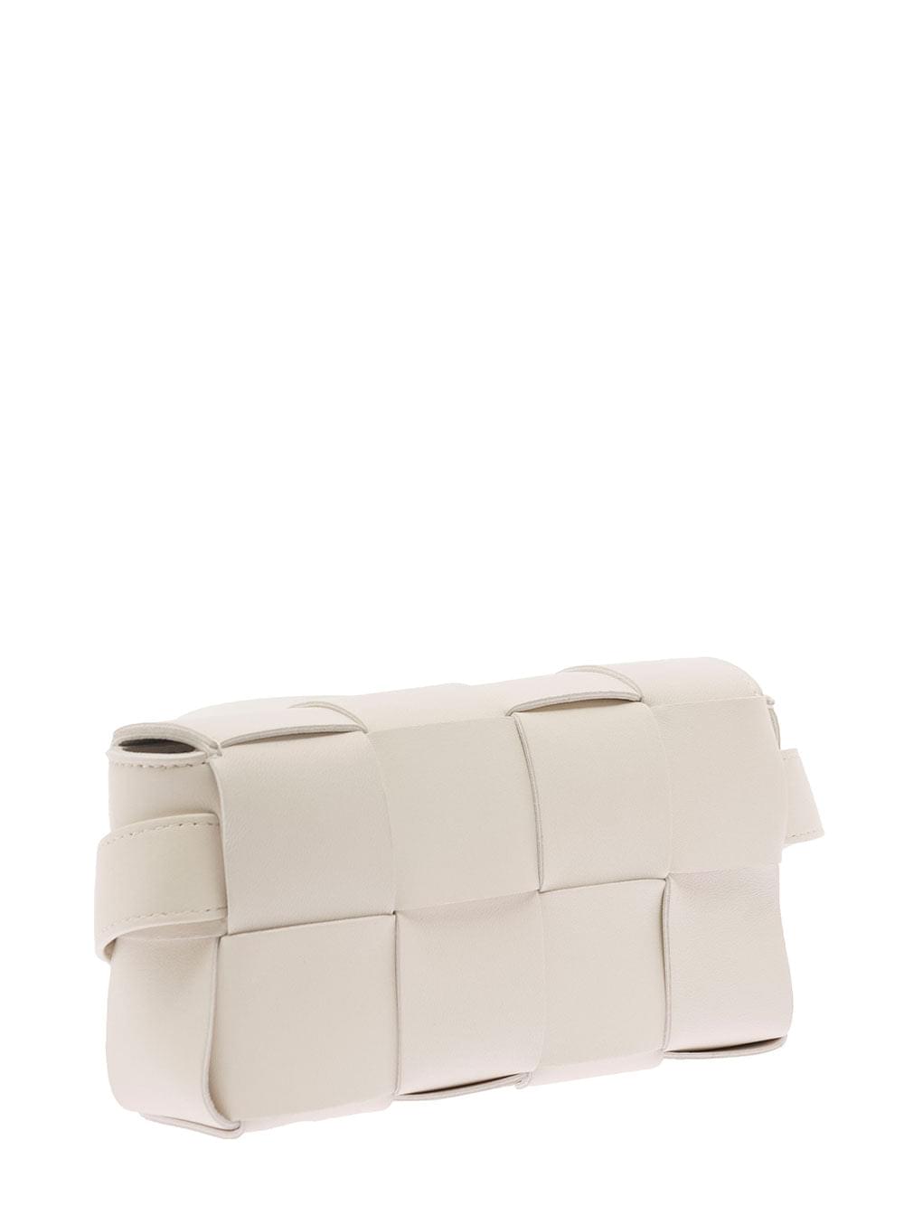 Bottega Veneta Women 'Casettte' Mini White Belt Bag With Intreccio Motif In Smooth Leather Woman