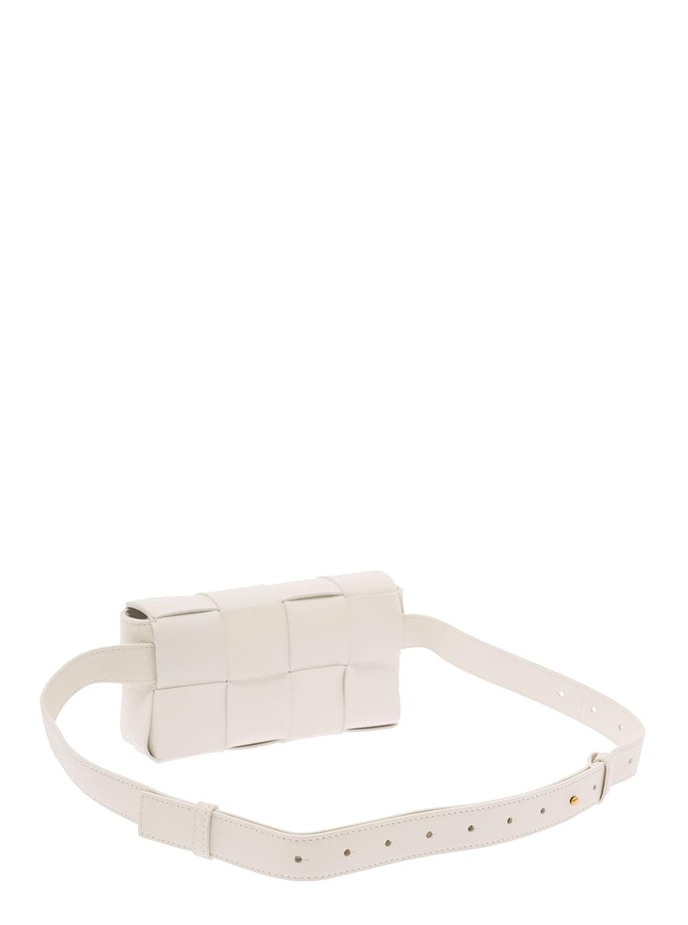 Bottega Veneta Women 'Casettte' Mini White Belt Bag With Intreccio Motif In Smooth Leather Woman