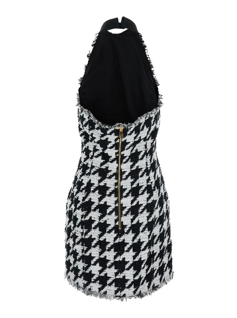 Balmain Women Black And White Halterneck Mini Dress With Houndstooth Motif In Tweed And Satin Woman