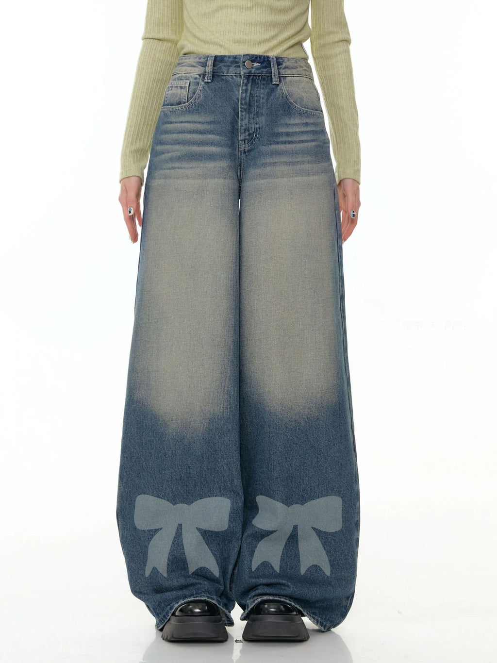 Retro Wide-leg Bow-tie Printed Washed Denim Jeans