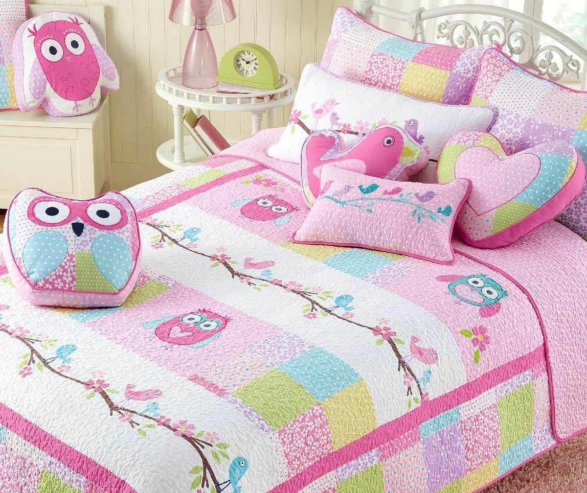 Pink Owl Patchwork Embroidered Novelty Decor Throw Pillow