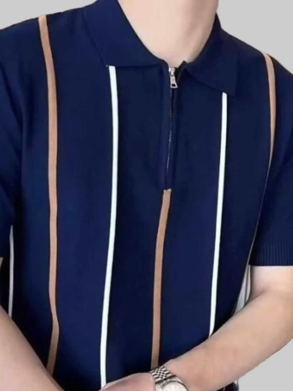 Men's Full Size Striped Zip Collar Short Sleeve Knit Polo Shirt