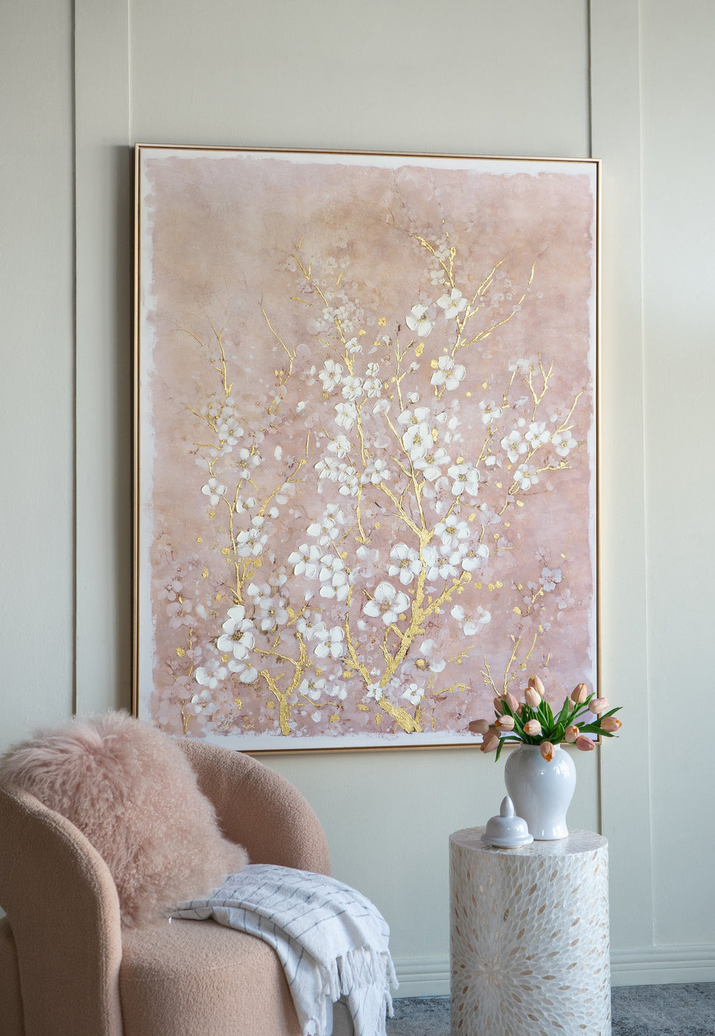 Hand-Painted Cherry Blossom Canvas Wall Art with Subtle Gold Accents - Multicolor