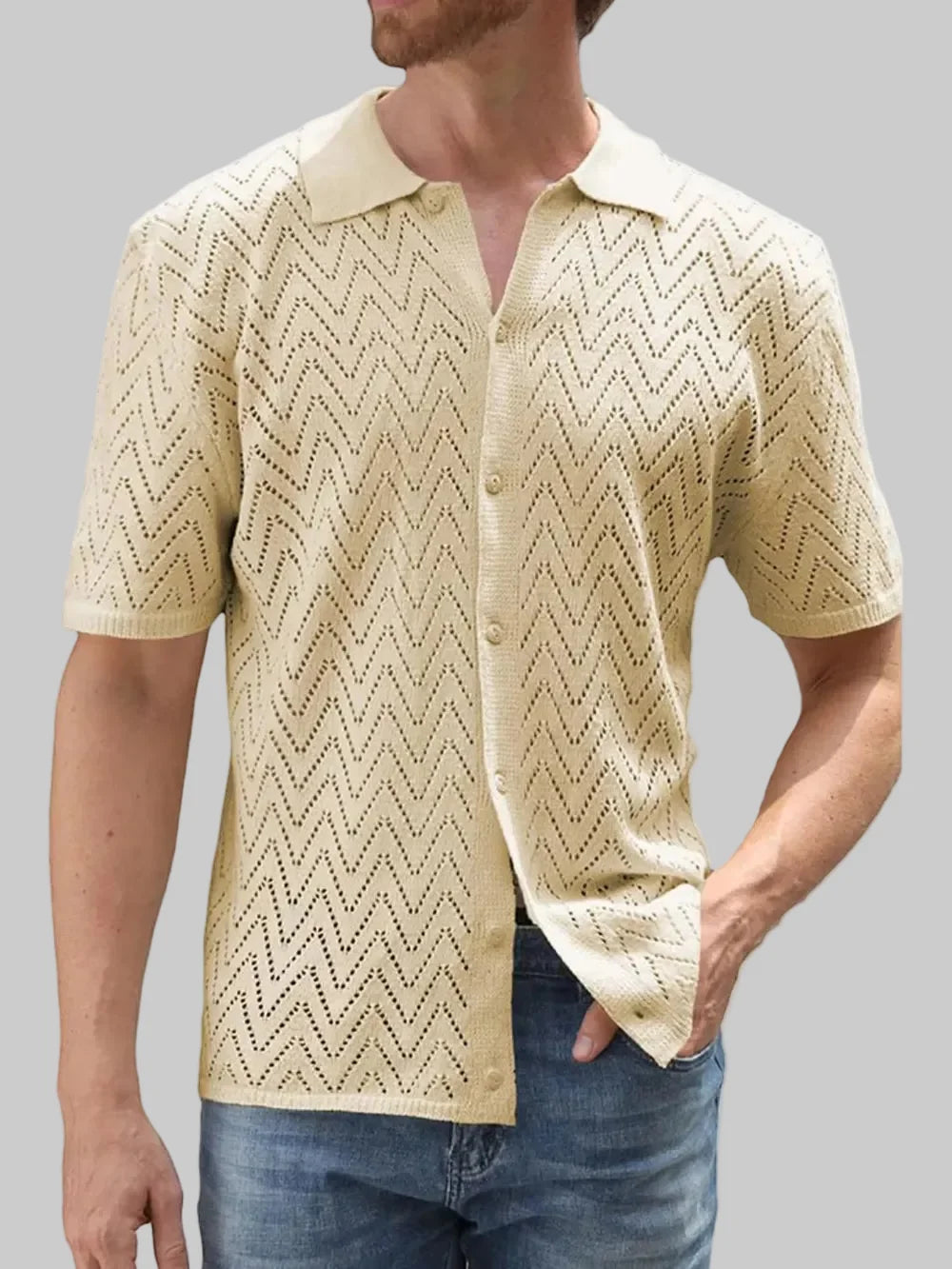 Men's Full Size Openwork Button-Down Short Sleeve Shirt