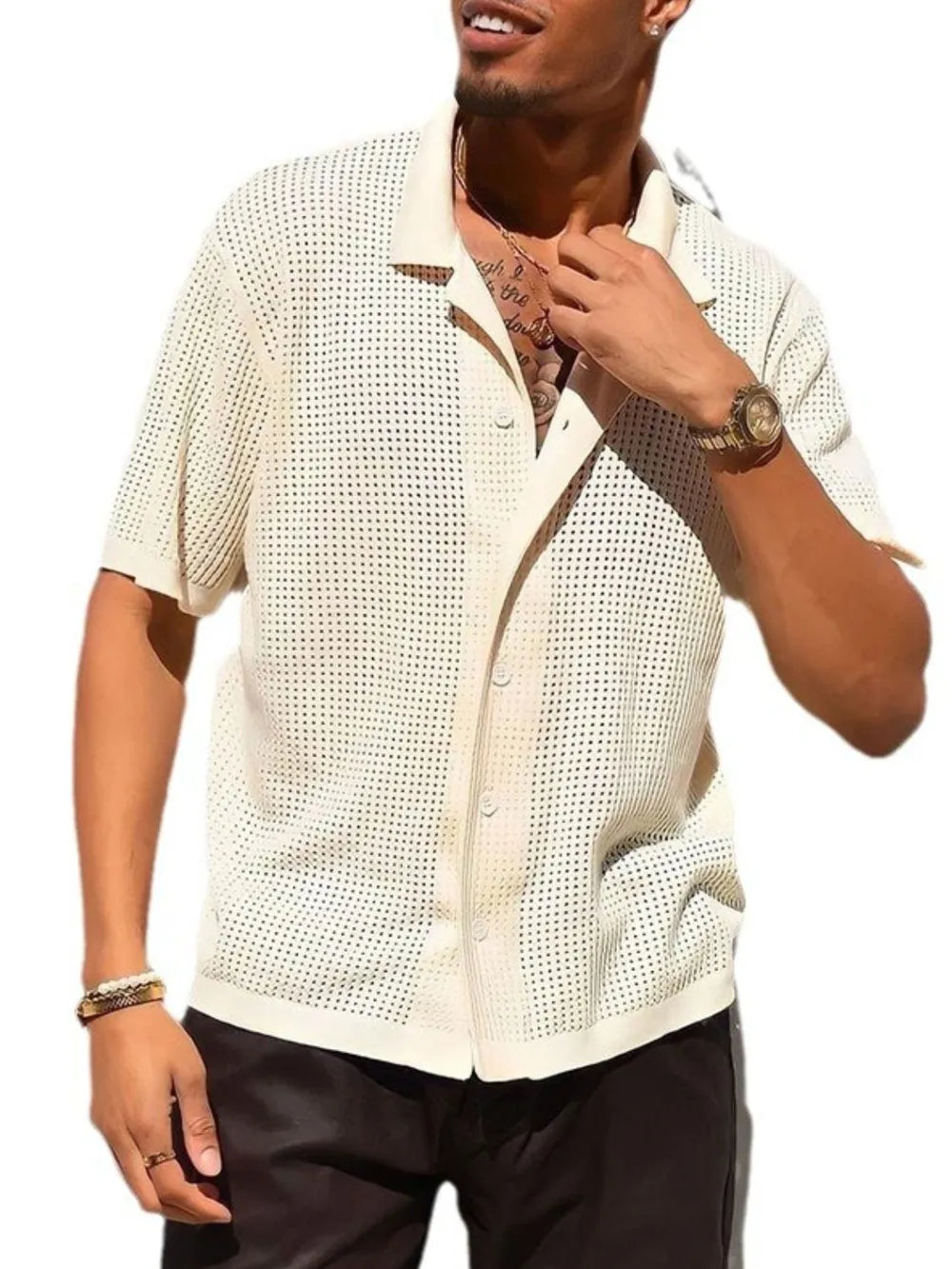 Men's Full Size Openwork Button-Down Collared Shirt