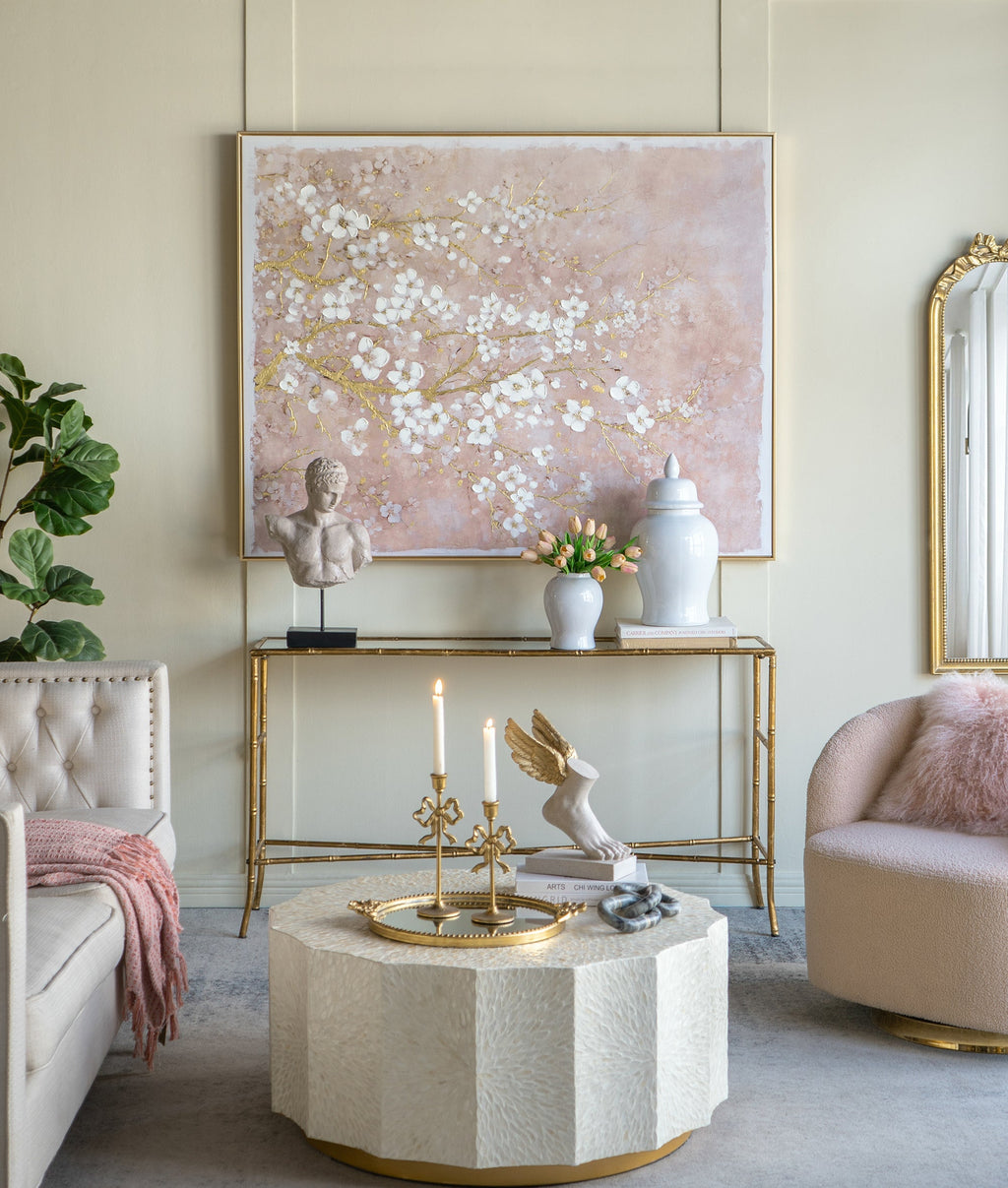 Hand-Painted Cherry Blossom Canvas Wall Art with Subtle Gold Accents - Multicolor