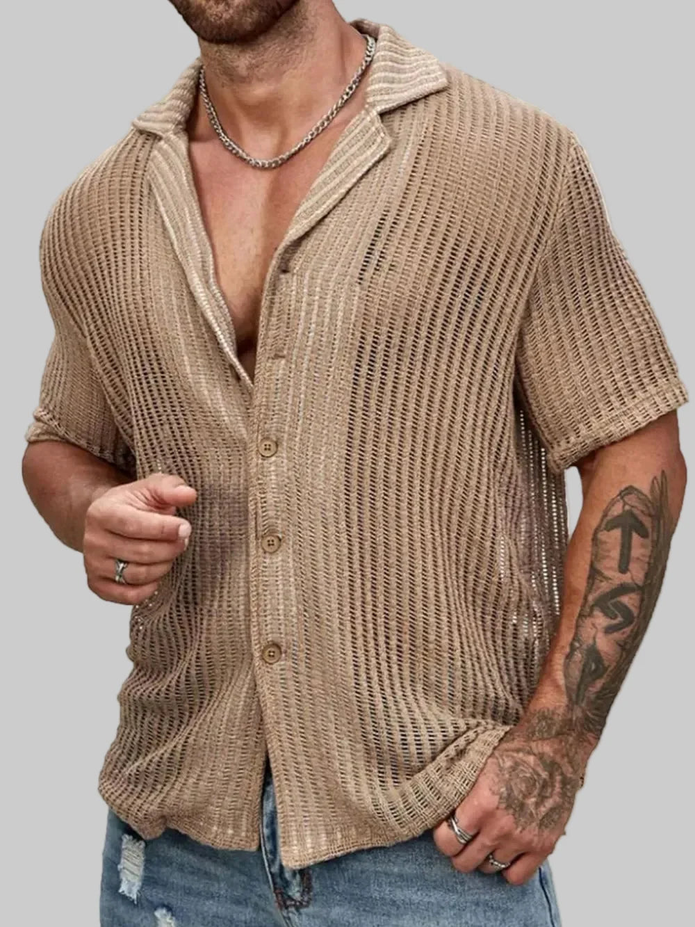 Men's Full Size Openwork Button-Down Short Sleeve Shirt