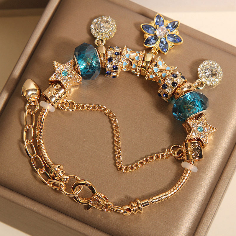 Womens Star And Flower Pendant Blue Crystal Bracelet