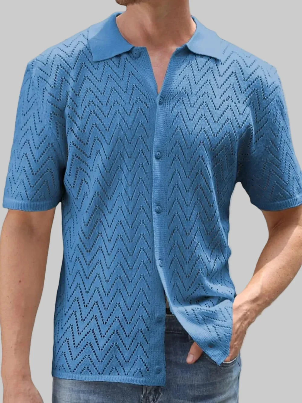 Men's Full Size Openwork Button-Down Short Sleeve Shirt