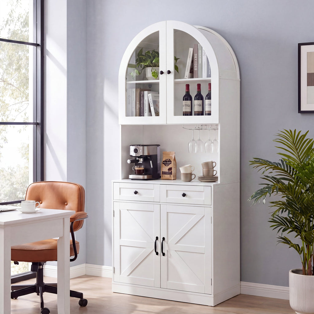 75" Farmhouse Tall Arched Pantry Cabinet with Charging Station - Oak or White