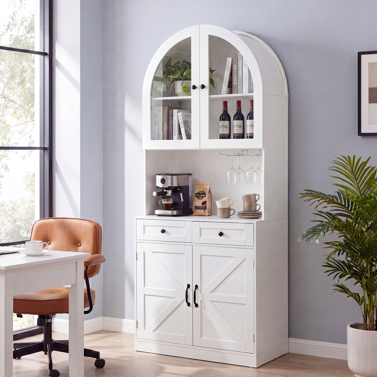75" Farmhouse Tall Arched Pantry Cabinet with Charging Station - Oak or White