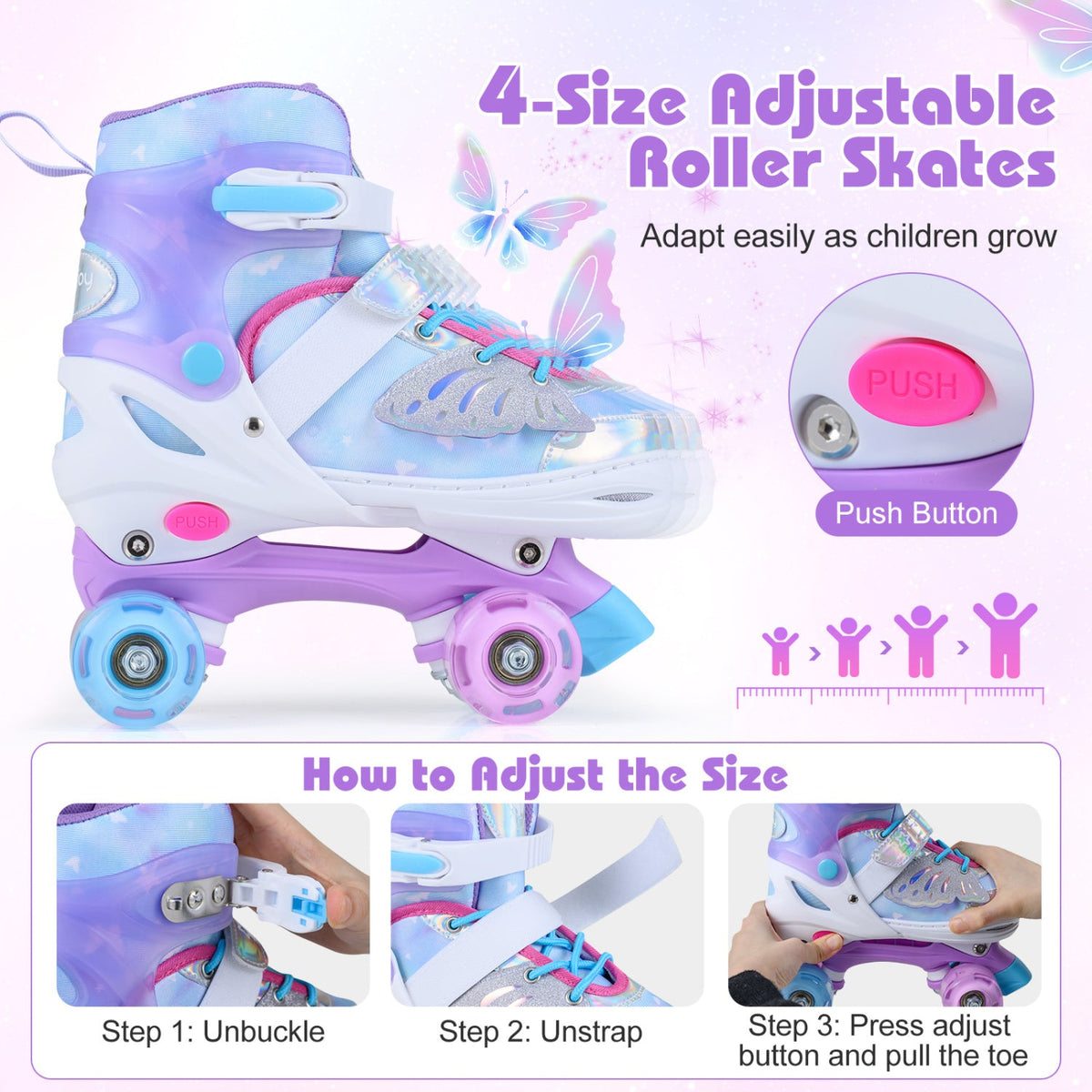 Adjustable Light-Up Quad Roller Skates — Ages 9–14, EU 38–41