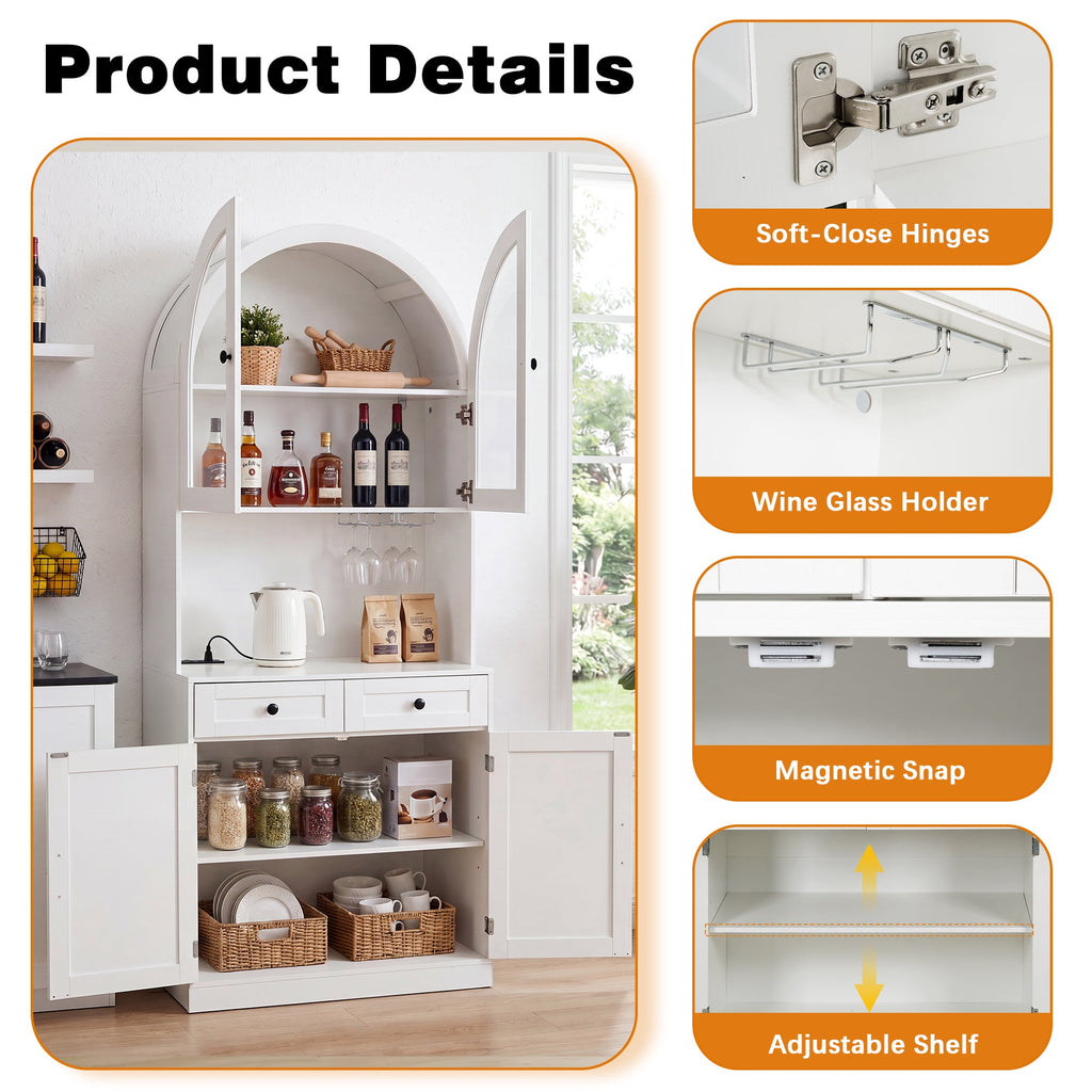 75" Farmhouse Tall Arched Pantry Cabinet with Charging Station - Oak or White