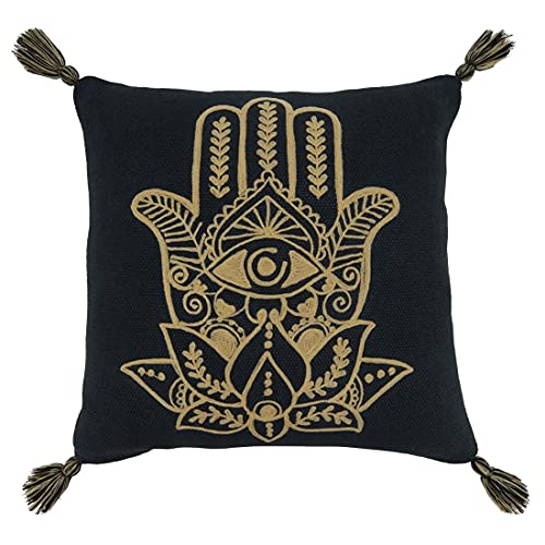 Fennco Styles Hamsa Hand Embroidered Tassel Cotton Decorative Throw Pillow 20" W x 20" L – Black Square Cushion for Home, Couch, Sofa, Bedroom, Office Décor and Special Occasion
