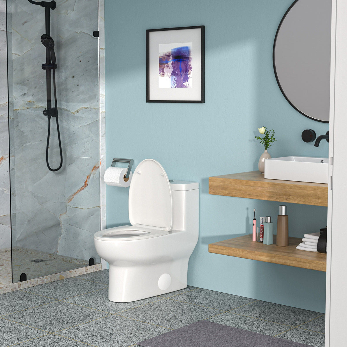 Modern Ceramic 1 Piece Toilet with Dual Flush and Soft Closing Seat - White