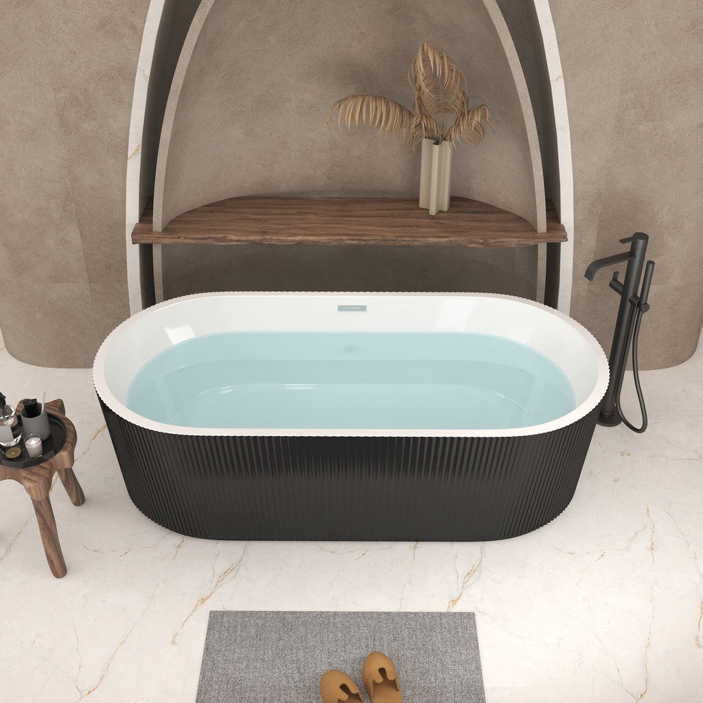 59-Inch Linear Acrylic Freestanding Soaker Bathtub with Ergonomic Design - Black