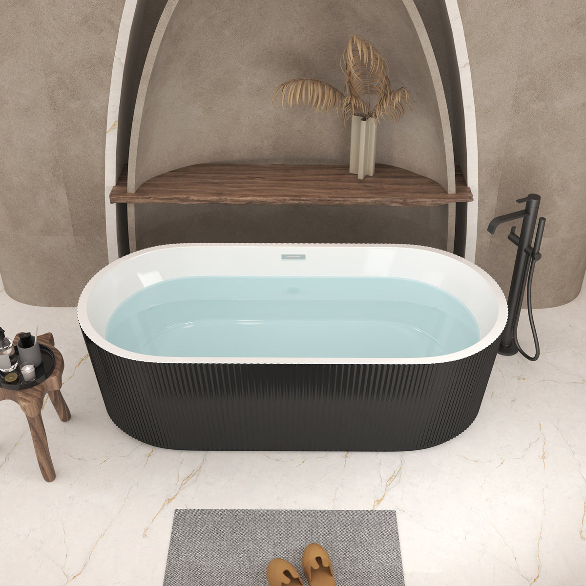59-Inch Linear Acrylic Freestanding Soaker Bathtub with Ergonomic Design - Black