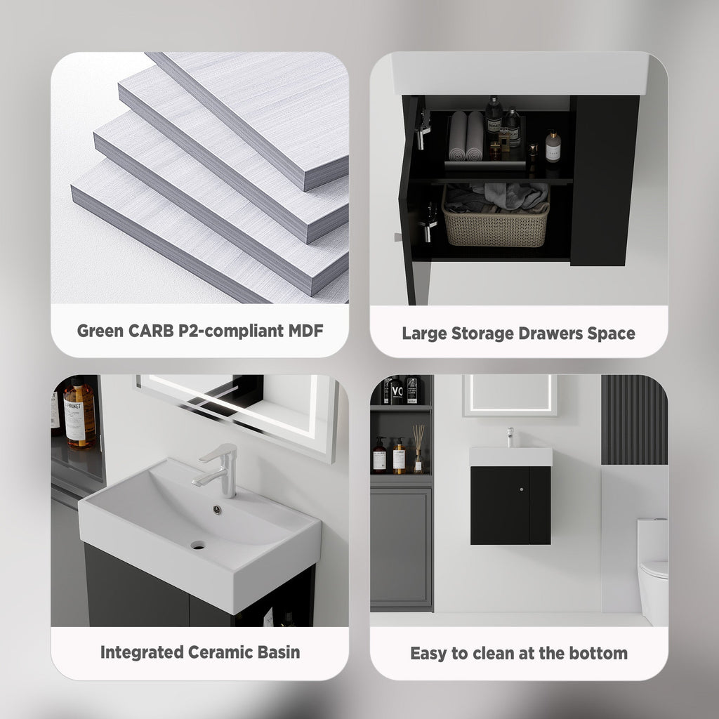 21.6 Inch Floating Bathroom Vanity with Ceramic Sink - Black, White, Oak, Brown
