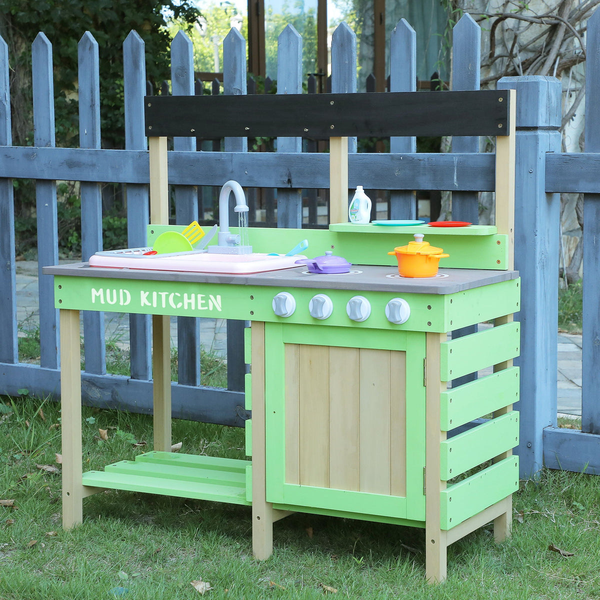 Kids Play Kitchen with Mud Kitchen Set & Water Play Toys – Green