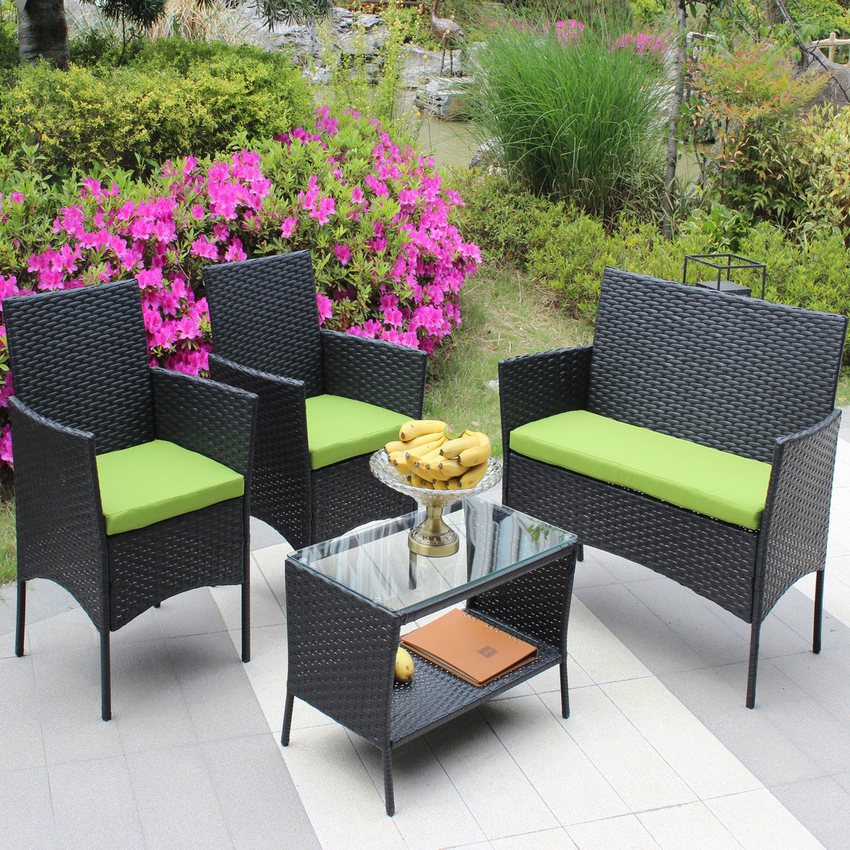 4 PC Rattan Patio Furniture Set Outdoor Cushioned Wicker Sofa Green Cushion