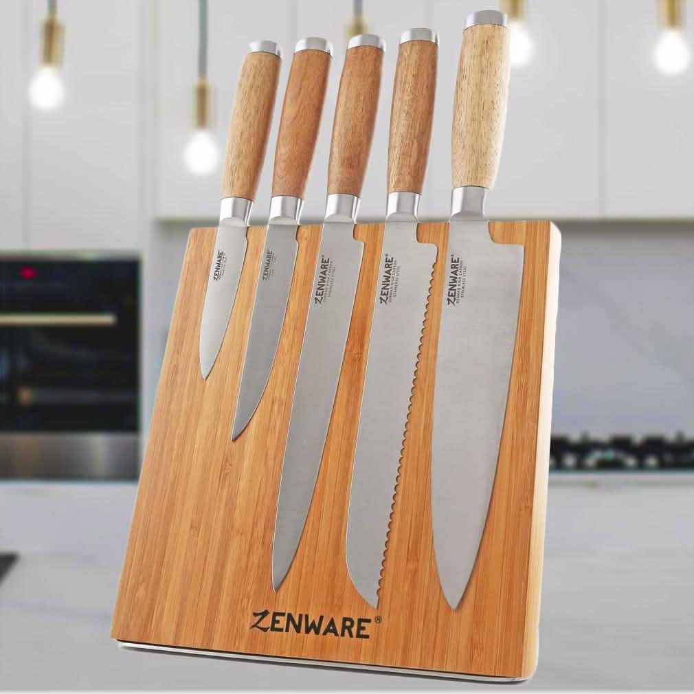 6-Piece: Zenware German Stainless Steel Kitchen Knives Set with Bamboo Magnetic Block
