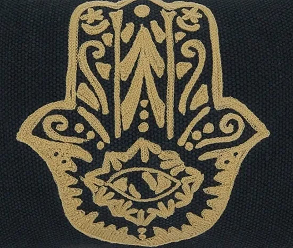 Fennco Styles Hamsa Hand Embroidered Tassel Cotton Decorative Throw Pillow 20" W x 20" L – Black Square Cushion for Home, Couch, Sofa, Bedroom, Office Décor and Special Occasion