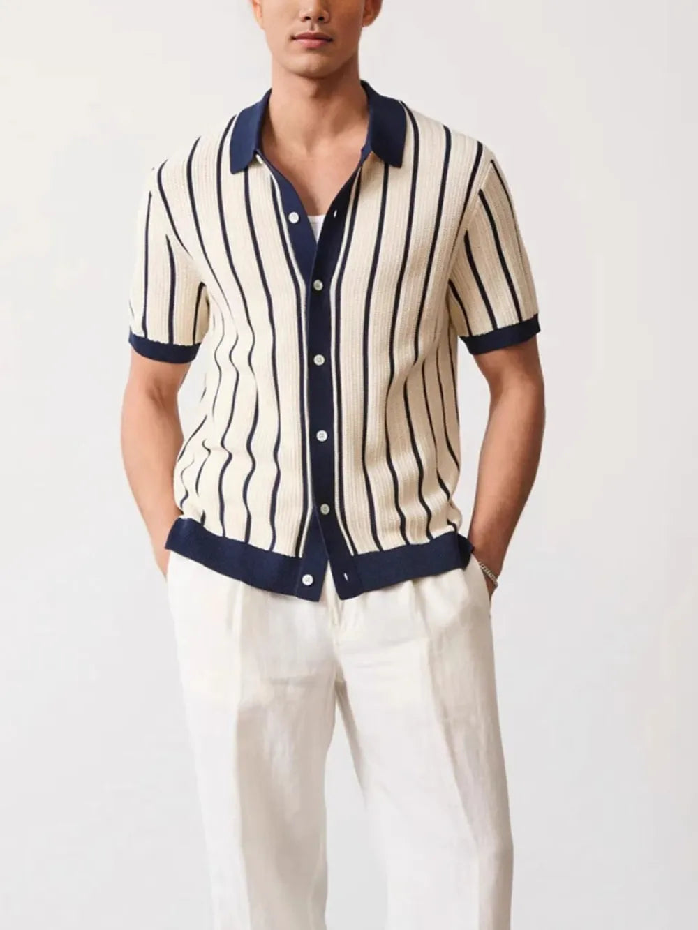 Men's Full Size Striped Viscose Button-Down Shirt