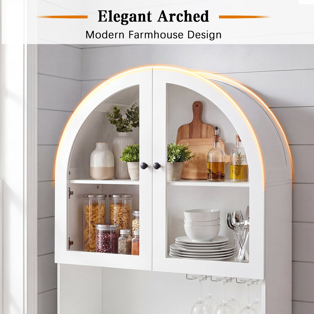 75" Farmhouse Tall Arched Pantry Cabinet with Charging Station - Oak or White