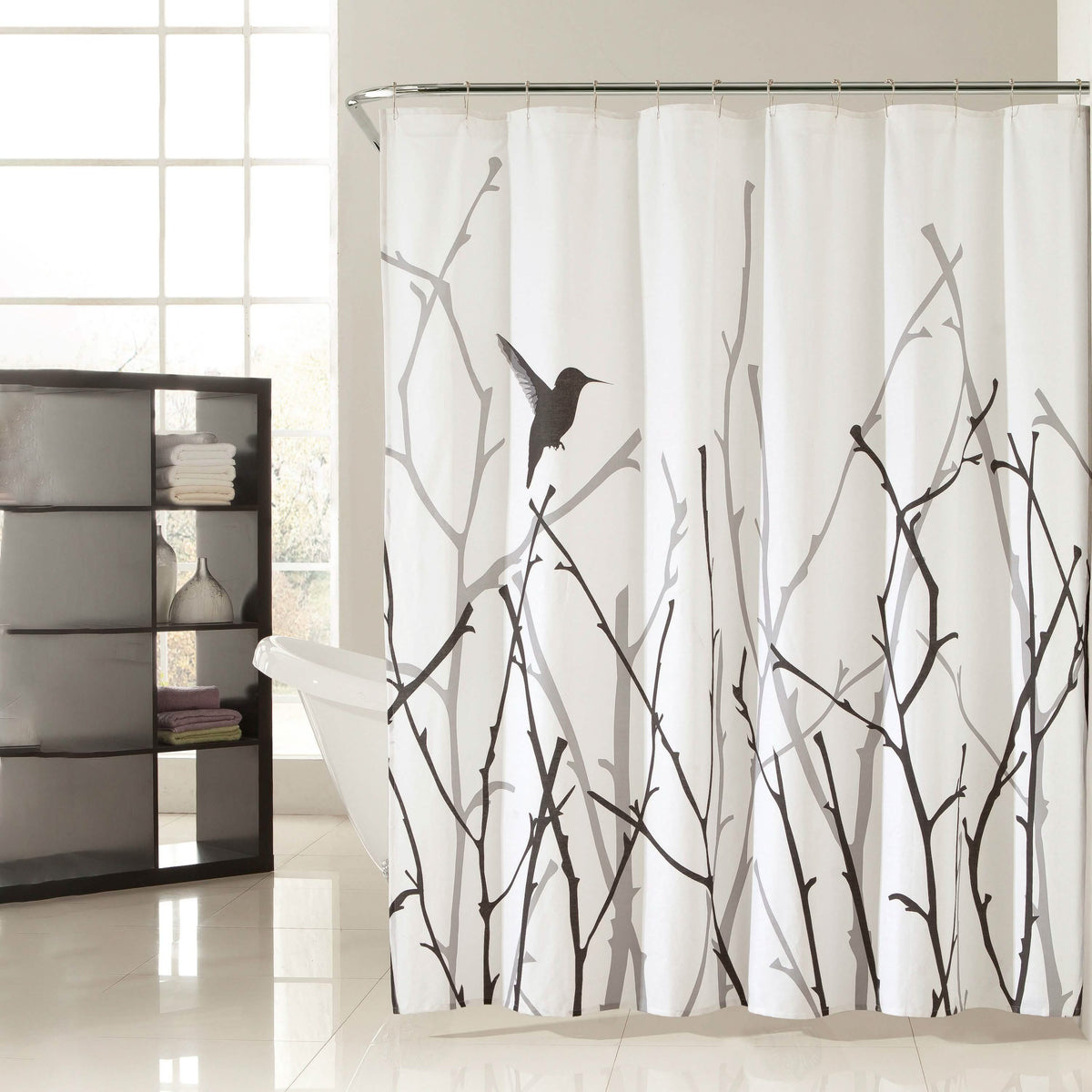 Bird & Branch Fabric Shower Curtain — Black & Silver, 72 × 72 Inches