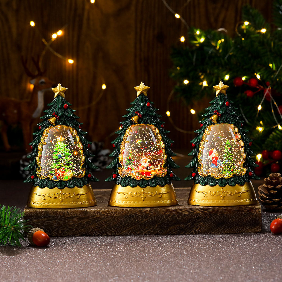 Christmas gifts, painted Christmas trees, glowing candles, oil lamps, children's small gifts, wind lamps, bar table decorations, ornaments
