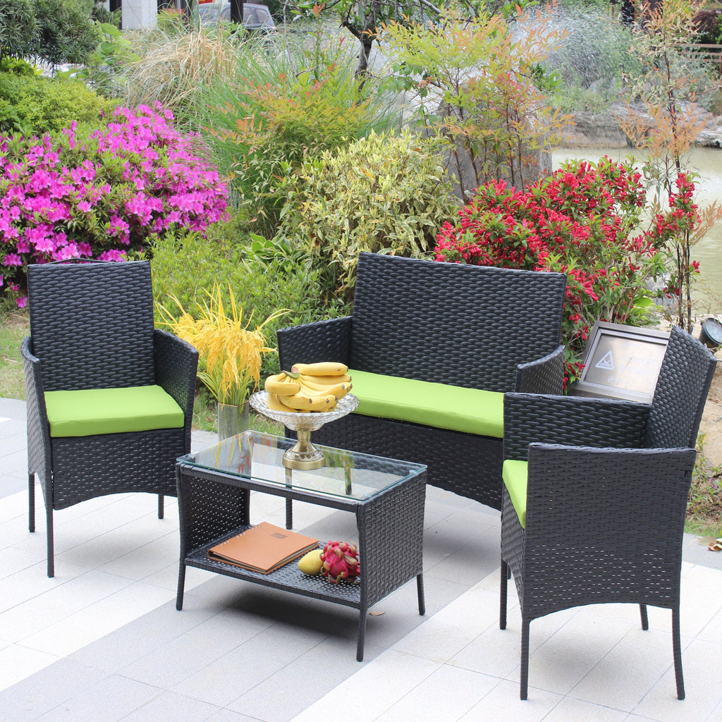 4 PC Rattan Patio Furniture Set Outdoor Cushioned Wicker Sofa Green Cushion