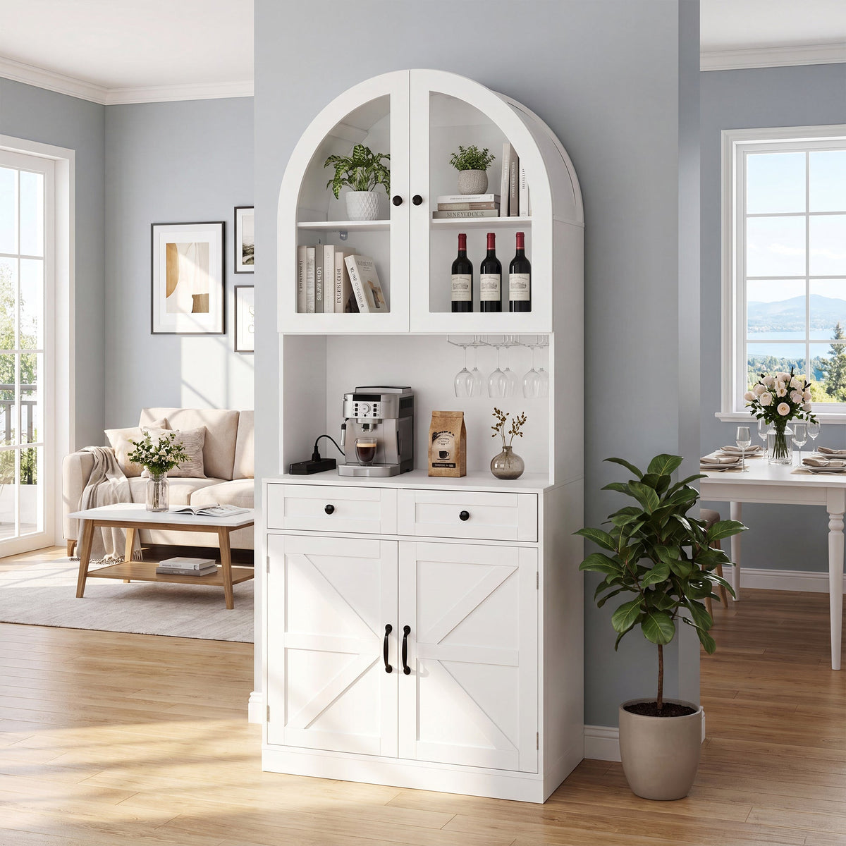 75" Farmhouse Tall Arched Pantry Cabinet with Charging Station - Oak or White