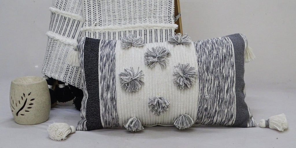 Melange Striped Throw Pillow with Large Poms and Tassels 14"x24"