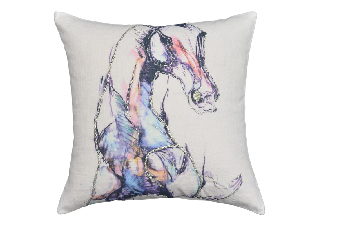 White Decorative Pillow 18"x18" Animal Print and Embroidery