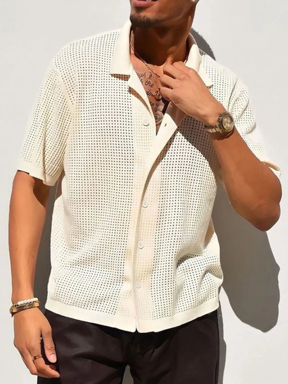 Men's Full Size Openwork Button-Down Collared Shirt