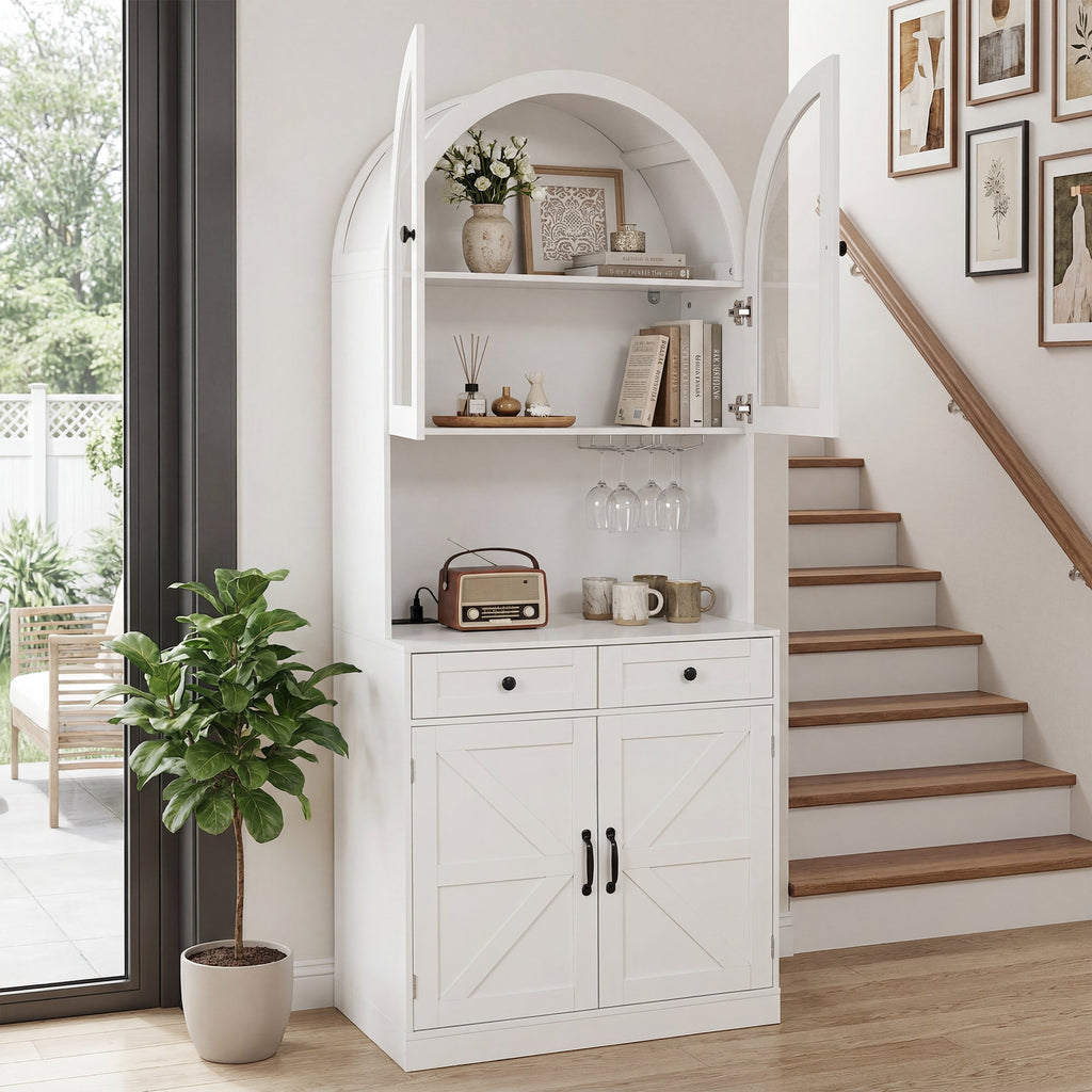 75" Farmhouse Tall Arched Pantry Cabinet with Charging Station - Oak or White