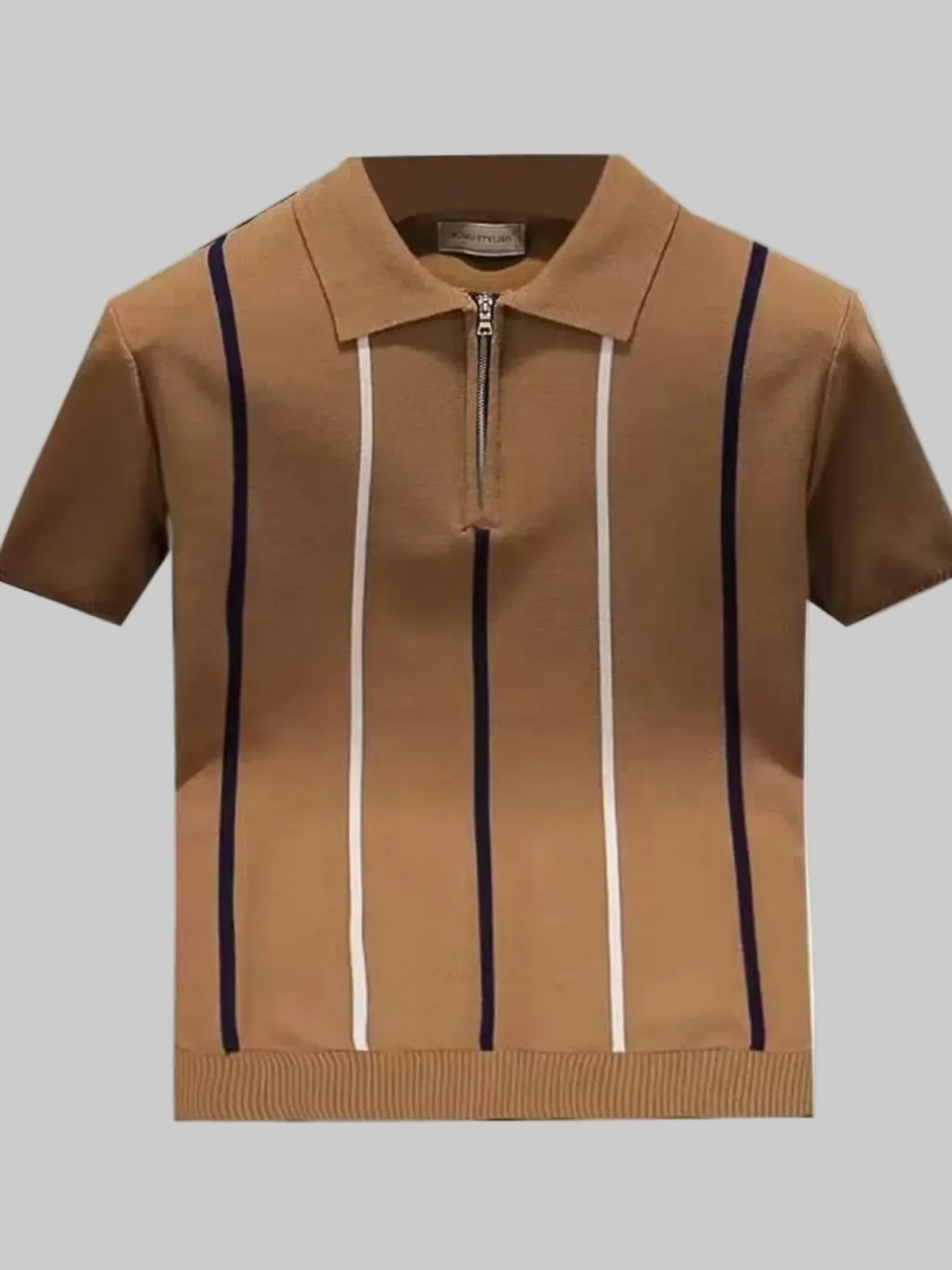 Men's Full Size Striped Zip Collar Short Sleeve Knit Polo Shirt